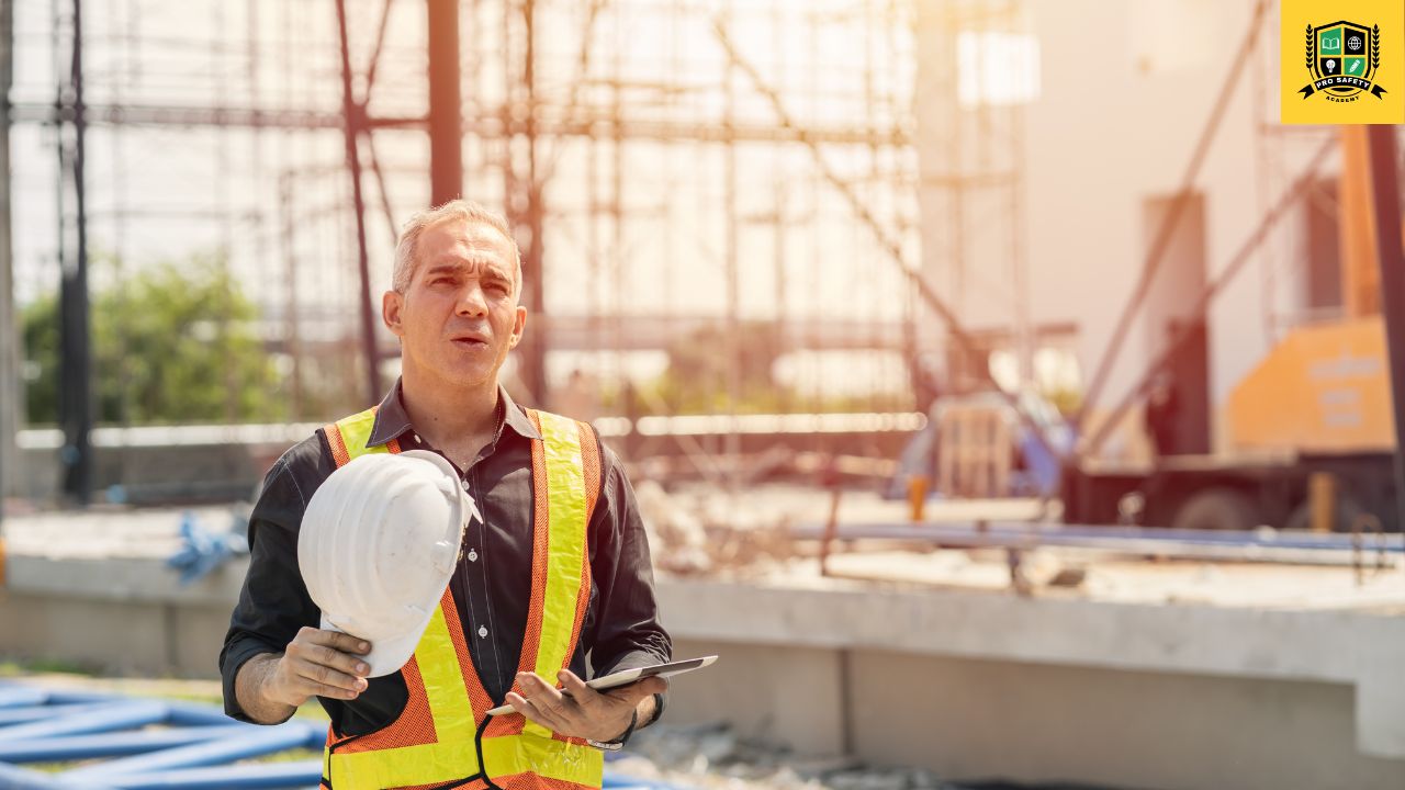 A construction worker wearing protective gear and hydrating under the sun to avoid heat-related hazards on a hot day.