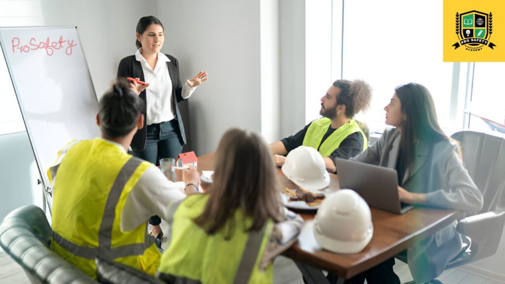 Student studying health and safety management diploma course with construction site background, 2025 trends.
