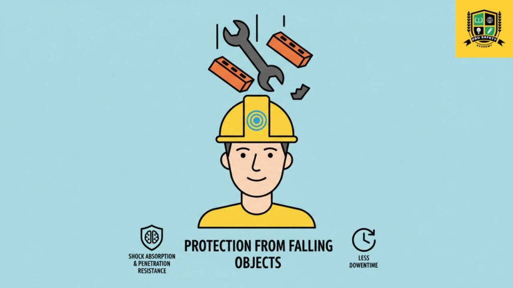 Safety helmet protecting a worker from falling objects on a construction site